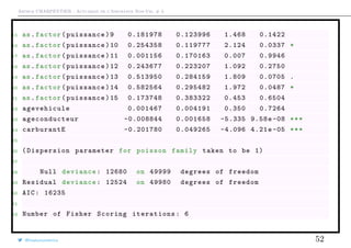Arthur CHARPENTIER - Actuariat de l’Assurance Non-Vie, # 3
15 as.factor(puissance)9 0.181978 0.123996 1.468 0.1422
16 as.factor(puissance)10 0.254358 0.119777 2.124 0.0337 *
17 as.factor(puissance)11 0.001156 0.170163 0.007 0.9946
18 as.factor(puissance)12 0.243677 0.223207 1.092 0.2750
19 as.factor(puissance)13 0.513950 0.284159 1.809 0.0705 .
20 as.factor(puissance)14 0.582564 0.295482 1.972 0.0487 *
21 as.factor(puissance)15 0.173748 0.383322 0.453 0.6504
22 agevehicule 0.001467 0.004191 0.350 0.7264
23 ageconducteur -0.008844 0.001658 -5.335 9.58e-08 ***
24 carburantE -0.201780 0.049265 -4.096 4.21e -05 ***
25
26 ( Dispersion parameter for poisson family taken to be 1)
27
28 Null deviance: 12680 on 49999 degrees of freedom
29 Residual deviance: 12524 on 49980 degrees of freedom
30 AIC: 16235
31
32 Number of Fisher Scoring iterations: 6
@freakonometrics 52
 