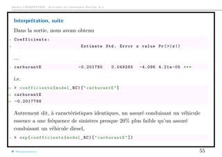 Arthur CHARPENTIER - Actuariat de l’Assurance Non-Vie, # 3
Interprétation, suite
Dans la sortie, nous avons obtenu
1 Coefficients :
2 Estimate Std. Error z value Pr(>|z|)
...
1 carburantE -0.201780 0.049265 -4.096 4.21e -05 ***
i.e.
23 > coefficients (model_RC)["carburantE "]
24 carburantE
25 -0.2017798
Autrement dit, à caractéristiques identiques, un assuré conduisant un véhicule
essence a une fréquence de sinistres presque 20% plus faible qu’un assuré
conduisant un véhicule diesel,
1 > exp( coefficients (model_RC)["carburantE "])
@freakonometrics 55
 