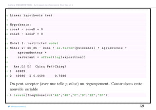 Arthur CHARPENTIER - Actuariat de l’Assurance Non-Vie, # 3
6 Linear hypothesis test
7
8 Hypothesis:
9 zoneA - zoneB = 0
10 zoneE - zoneF = 0
11
12 Model 1: restricted model
13 Model 2: nb_RC ~ zone + as.factor(puissance) + agevehicule +
ageconducteur +
14 carburant + offset(log(exposition))
15
16 Res.Df Df Chisq Pr(>Chisq)
17 1 49982
18 2 49980 2 0.4498 0.7986
On peut accepter (avec une telle p-value) un regroupement. Construisons cette
nouvelle variable
1 > levels(freq$zone)=c("AB","AB","C","D","EF","EF")
@freakonometrics 59
 