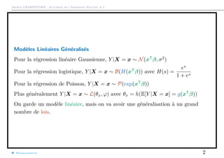 Arthur CHARPENTIER - Actuariat de l’Assurance Non-Vie, # 4
Modèles Linéaires Généralisés
Pour la régression linéaire Gaussienne, Y |X = x ∼ N(xT
β, σ2
)
Pour la régression logistique, Y |X = x ∼ B(H(xT
β)) avec H(s) =
es
1 + es
Pour la régression de Poisson, Y |X = x ∼ P(exp(xT
β))
Plus généralement Y |X = x ∼ L(θx, ϕ) avec θx = h(E[Y |X = x] = g(xT
β))
On garde un modèle linéaire, mais on va avoir une généralisation à un grand
nombre de lois.
@freakonometrics 2
 