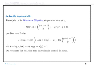 Arthur CHARPENTIER - Actuariat de l’Assurance Non-Vie, # 4
La famille exponentielle
Exemple La loi Binomiale Négative, de paramètres r et p,
f(k|r, p) =
y + r − 1
y
(1 − p)r
py
, y ∈ N.
que l’on peut écrire
f(k|r, p) = exp y log p + r log(1 − p) + log
y + r − 1
y
soit θ = log p, b(θ) = −r log p et a(ϕ) = 1
On reviendra sur cette loi dans la prochaine section du cours.
@freakonometrics 8
 