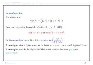 Arthur CHARPENTIER - Actuariat de l’Assurance Non-Vie, # 5
La surdispersion
Autrement dit
Var(Y ) =
1
p
E(Y ) = [1 + α · λ] · λ
Pour une régression binomiale négative de type 2 (NB2),
E(Y ) = λ = µ et Var(Y ) = λ + αλ2
.
Le lien canonique est g(λ) = θ, i.e. g(µ) = log
αµ
1 + αµ
Remarque: si α = 0, on a une loi de Poisson; si α = 1, on a une loi géométrique.
Remarque: sous R, la régression NB2 se fait avec la fonction glm.nb de
library(MASS)
@freakonometrics 15
 