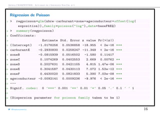 Arthur CHARPENTIER - Actuariat de l’Assurance Non-Vie, # 5
Régression de Poisson
1 > regpoisson=glm(nbre~carburant+zone+ ageconducteur +offset(log(
exposition)),family=poisson("log"),data=baseFREQ)
2 > summary(regpoisson)
3 Coefficients :
4 Estimate Std. Error z value Pr(>|z|)
5 (Intercept) -1.0176256 0.0536858 -18.955 < 2e -16 ***
6 carburantE -0.2930830 0.0258247 -11.349 < 2e -16 ***
7 zoneB -0.0815939 0.0516502 -1.580 0.11417
8 zoneC 0.1074269 0.0402553 2.669 0.00762 **
9 zoneD 0.2027631 0.0421105 4.815 1.47e-06 ***
10 zoneE 0.3041587 0.0430113 7.072 1.53e-12 ***
11 zoneF 0.4430020 0.0821833 5.390 7.03e-08 ***
12 ageconducteur -0.0092141 0.0009236 -9.976 < 2e-16 ***
13 ---
14 Signif. codes: 0 ’***’ 0.001 ’**’ 0.01 ’*’ 0.05 ’.’ 0.1 ’ ’ 1
15
16 ( Dispersion parameter for poisson family taken to be 1)
@freakonometrics 16
 