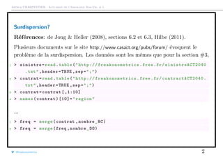 Arthur CHARPENTIER - Actuariat de l’Assurance Non-Vie, # 5
Surdispersion?
Références: de Jong & Heller (2008), sections 6.2 et 6.3, Hilbe (2011).
Plusieurs documents sur le site http://www.casact.org/pubs/forum/ évoquent le
problème de la surdispersion. Les données sont les mêmes que pour la section #3,
1 > sinistre=read.table("http:// freakonometrics .free.fr/ sinistreACT2040
.txt",header=TRUE ,sep=";")
2 > contrat=read.table("http:// freakonometrics .free.fr/ contractACT2040 .
txt",header=TRUE ,sep=";")
3 > contrat=contrat [ ,1:10]
4 > names(contrat)[10]="region"
...
1 > freq = merge(contrat ,nombre_RC)
2 > freq = merge(freq ,nombre_DO)
@freakonometrics 2
 