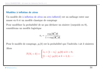 Arthur CHARPENTIER - Actuariat de l’Assurance Non-Vie, # 5
Modèles à inﬂation de zéros
Un modèle dit à inﬂation de zéros ou zero inﬂated) est un mélange entre une
masse en 0 et un modèle classique de comptage
Pour modéliser la probabilité de ne pas déclarer un sinistre (surpoids en 0),
considérons un modèle logistique
πi =
exp[XT
i β]
1 + exp[XT
i β]
Pour le modèle de comptage, pi(k) est la probabilité que l’individu i ait k sinistres
Alors
P(Ni = k) =



πi + [1 − πi] · pi(0) si k = 0,
[1 − πi] · pi(k) si k = 1, 2, · · ·
@freakonometrics 34
 