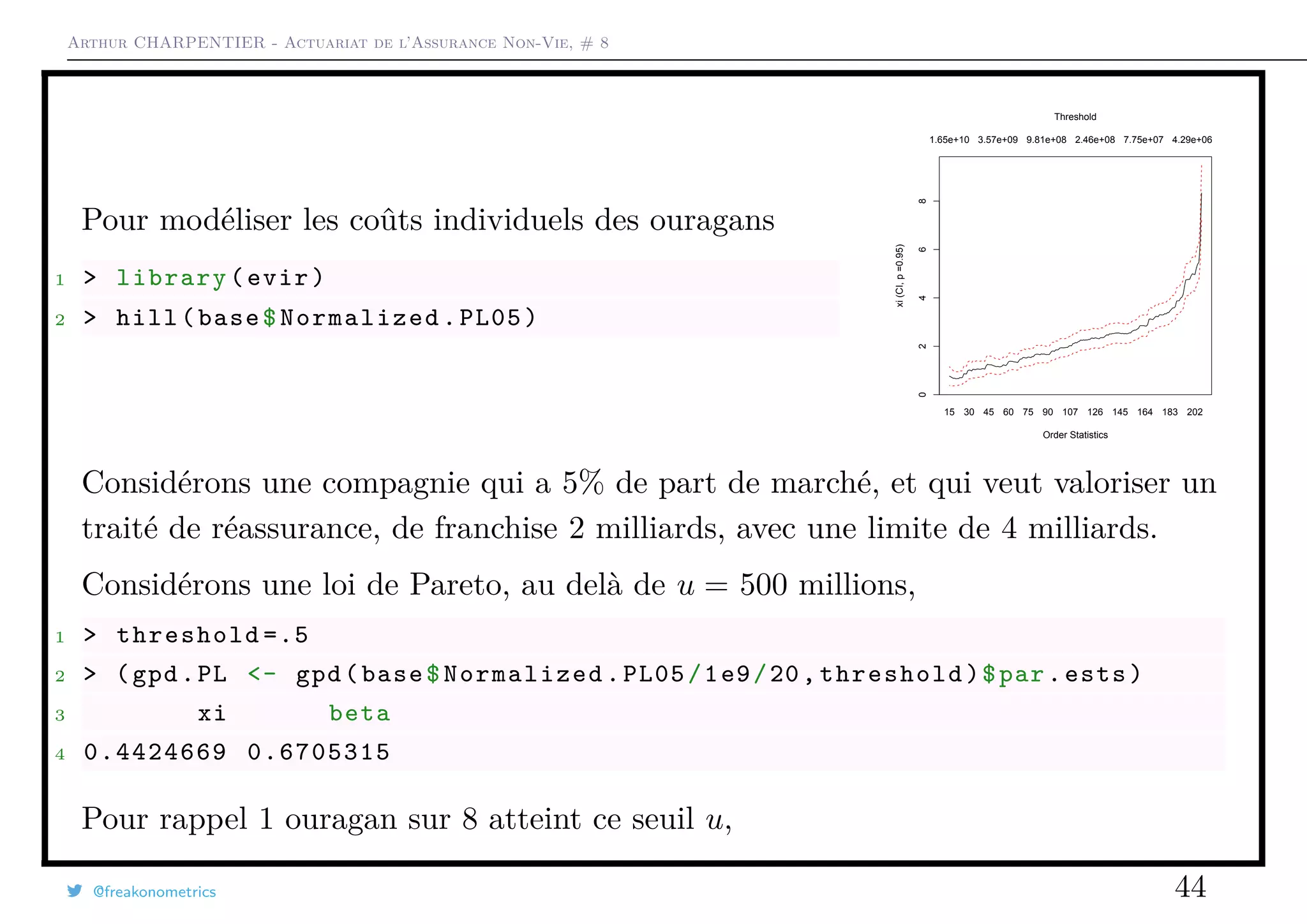 Arthur CHARPENTIER - Actuariat de l’Assurance Non-Vie, # 8
Pour modéliser les coûts individuels des ouragans
1 > library(evir)
2 > hill(base$Normalized .PL05)
15 30 45 60 75 90 107 126 145 164 183 202
02468
1.65e+10 3.57e+09 9.81e+08 2.46e+08 7.75e+07 4.29e+06
Order Statistics
xi(CI,p=0.95)
Threshold
Considérons une compagnie qui a 5% de part de marché, et qui veut valoriser un
traité de réassurance, de franchise 2 milliards, avec une limite de 4 milliards.
Considérons une loi de Pareto, au delà de u = 500 millions,
1 > threshold =.5
2 > (gpd.PL <- gpd(base$Normalized .PL05/1e9/20, threshold)$par.ests)
3 xi beta
4 0.4424669 0.6705315
Pour rappel 1 ouragan sur 8 atteint ce seuil u,
@freakonometrics 44
 