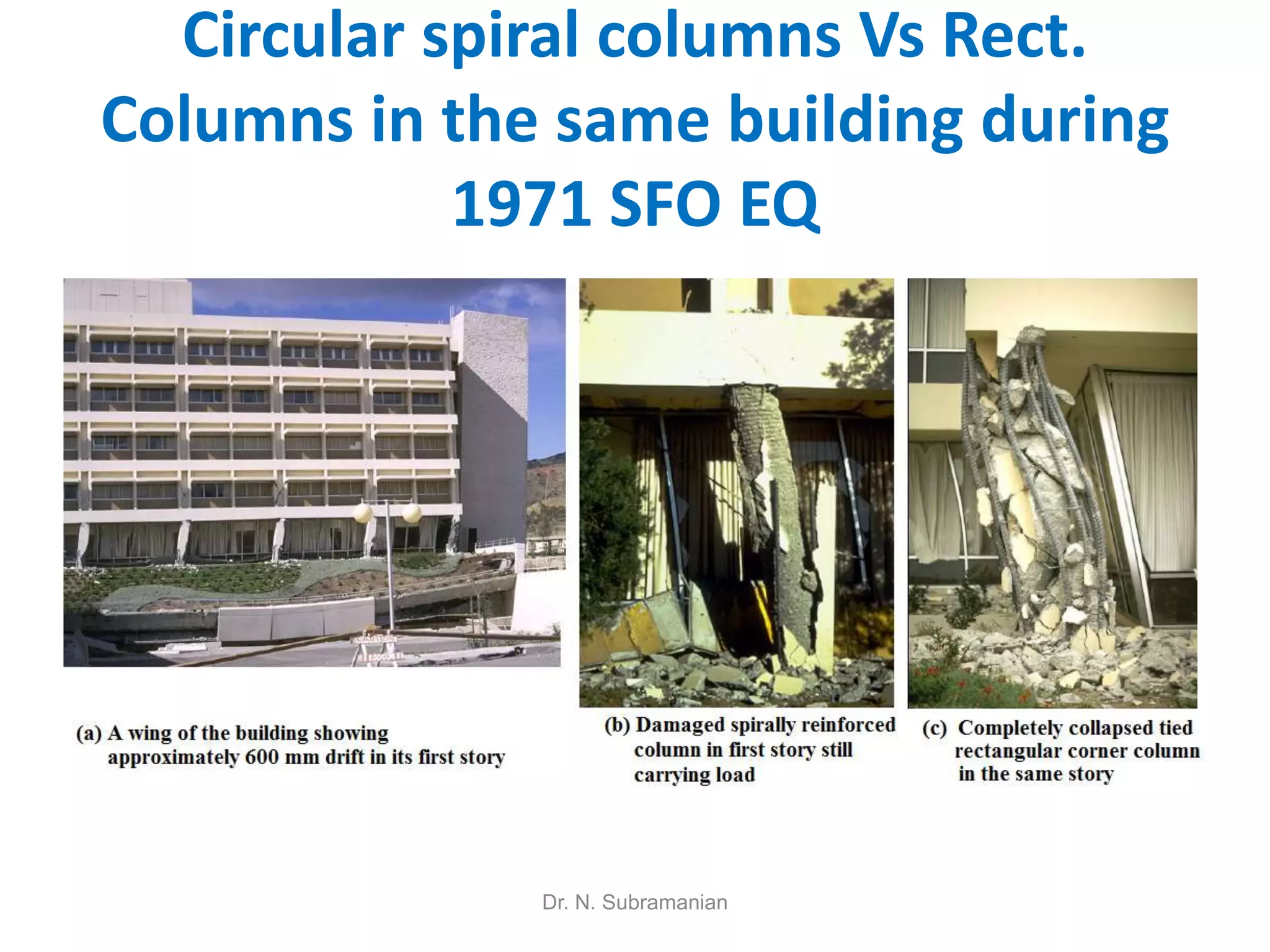 Circular spiral columns Vs Rect.
Columns in the same building during
            1971 SFO EQ




              Dr. N. Subramanian
 