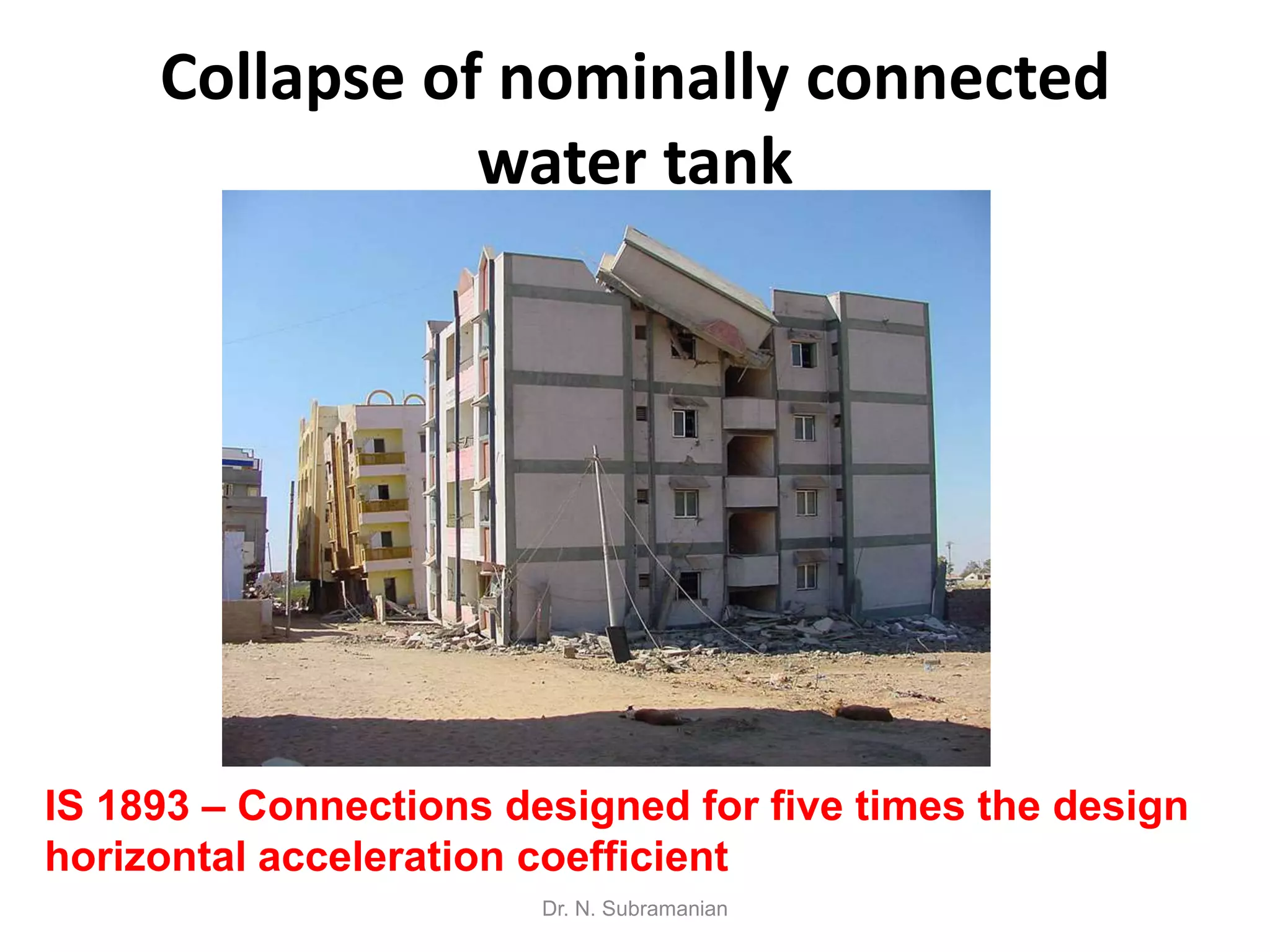 Collapse of nominally connected
                water tank




IS 1893 – Connections designed for five times the design
horizontal acceleration coefficient
                        Dr. N. Subramanian
 