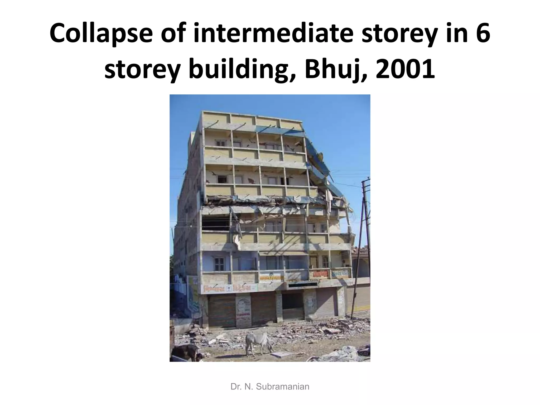 Collapse of intermediate storey in 6
     storey building, Bhuj, 2001




              Dr. N. Subramanian
 