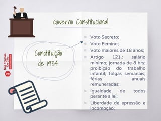 Constituição
de 1934
▧ Voto Secreto;
▧ Voto Femino;
▧ Voto maiores de 18 anos;
▧ Artigo 121.: salário
mínimo; jornada de 8 hrs;
proibição do trabalho
infantil; folgas semanais;
férias anuais
remuneradas;
▧ Igualdade de todos
perante a lei;
▧ Liberdade de epressão e
locomoção;
Governo Constitucional
 
