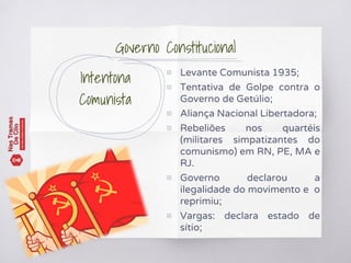 Intentona
Comunista
▧ Levante Comunista 1935;
▧ Tentativa de Golpe contra o
Governo de Getúlio;
▧ Aliança Nacional Libertadora;
▧ Rebeliões nos quartéis
(militares simpatizantes do
comunismo) em RN, PE, MA e
RJ.
▧ Governo declarou a
ilegalidade do movimento e o
reprimiu;
▧ Vargas: declara estado de
sítio;
Governo Constitucional
 