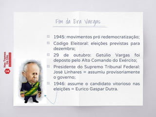 Fim da Era Vargas
▧ 1945: movimentos pró redemocratização;
▧ Código Eleitoral: eleições previstas para
dezembro;
▧ 29 de outubro: Getúlio Vargas foi
deposto pelo Alto Comando do Exército;
▧ Presidente do Supremo Tribunal Federal:
José Linhares = assumiu provisoriamente
o governo;
▧ 1946: assume o candidato vitorioso nas
eleições = Eurico Gaspar Dutra.
 