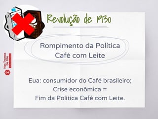 Rompimento da Política
Café com Leite
Eua: consumidor do Café brasileiro;
Crise econômica =
Fim da Política Café com Leite.
Revolução de 1930
 