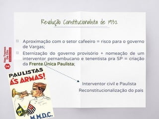 Revolução Constitucionalista de 1932
▧ Aproximação com o setor cafeeiro = risco para o governo
de Vargas;
▧ Eternização do governo provisório + nomeação de um
interventor pernambucano e tenentista pra SP = criação
da Frente Única Paulista;
Interventor civil e Paulista
Reconstitucionalização do país
 