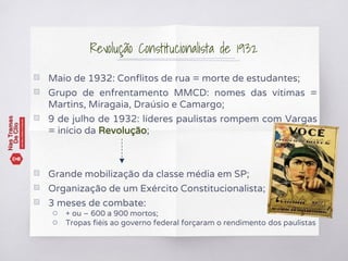 Revolução Constitucionalista de 1932
▧ Maio de 1932: Conflitos de rua = morte de estudantes;
▧ Grupo de enfrentamento MMCD: nomes das vítimas =
Martins, Miragaia, Draúsio e Camargo;
▧ 9 de julho de 1932: líderes paulistas rompem com Vargas
= início da Revolução;
▧ Grande mobilização da classe média em SP;
▧ Organização de um Exército Constitucionalista;
▧ 3 meses de combate:
○ + ou – 600 a 900 mortos;
○ Tropas fiéis ao governo federal forçaram o rendimento dos paulistas
 