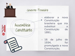 Assembleia
Constituinte
▧ elaborar a nova
Constituição
brasileira que iria
substituir a
Constituição de
1891;
▧ 16 de julho de
1934, foi
promulgada a nova
Constituição;
Governo Provisório
 