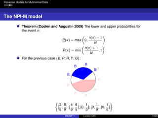 Imprecise Models for Multinomial Data
The NPI-M model
Theorem (Coolen and Augustin 2009) The lower and upper probabilities for
the event x:
P(x) = max 0,
n(x) − 1
N
P(x) = min
n(x) + 1
N
, 1
For the previous case {B, P, R, Y, G}:
B
B
B
B
P
P
P
P
P
[
3
9
,
5
9
]; [
4
9
,
6
9
]; [0,
1
9
]; [0,
1
9
]; [0,
1
9
]
ERCIM’11 London (UK) 13/28
 