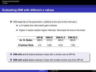 Experimental Evaluation
Evaluating IDM with different s values
IDM depends of the parameter s (affects to the size of the intervals ):
s=0 implies the information gain criterion.
Higher s values implies higher intervals. Decrease the size of the trees.
NPI-M IDM-S1 IDM-S1.5 IDM-S2.0
Av. N. Nodes 589.5 610.2 480.3 383.8
Friedman Rank 2.4 3.85 2.43 1.28
IDM with s=1.5 obtains decision trees with a similar size to NPI-M.
IDM with s=2.0 obtains decision trees with smaller similar size than NPI-M.
ERCIM’11 London (UK) 24/28
 