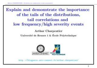 Arthur CHARPENTIER - Extremes and correlation in risk management
Explain and demonstrate the importance
of the tails of the distributions,
tail correlations and
low frequency/high severity events
Arthur Charpentier
Universit´e de Rennes 1 & ´Ecole Polytechnique
http ://blogperso.univ-rennes1.fr/arthur.charpentier/
1
 
