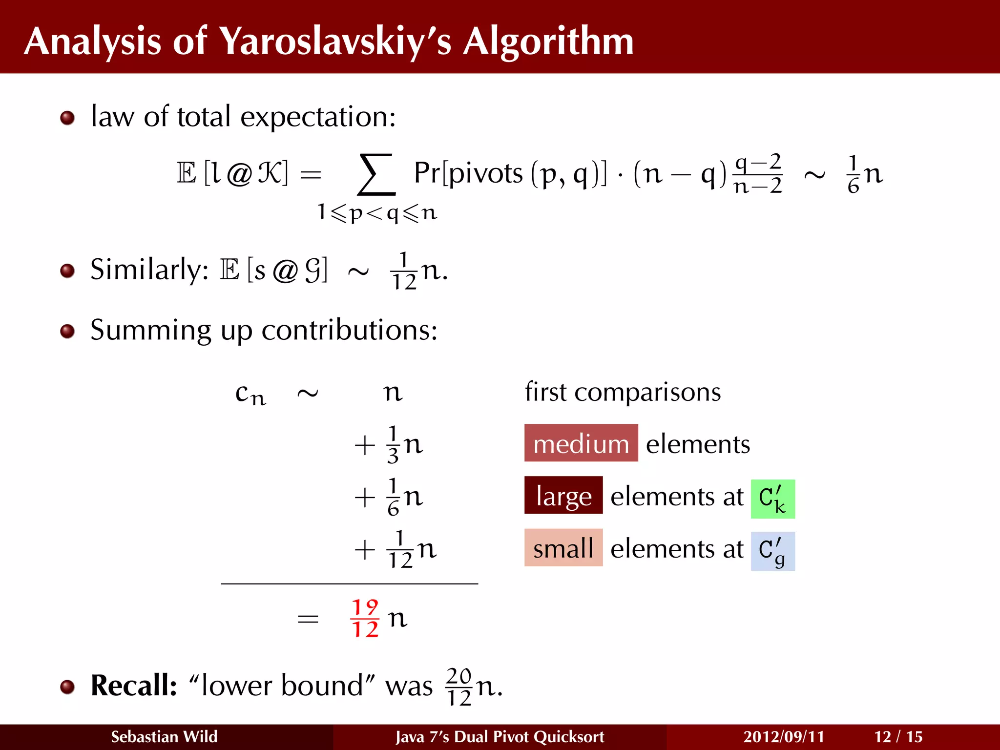 Analysis of Yaroslavskiy’s Algorithm
   law of total expectation:
                                                                  q−2
             E [l @ K] =              Pr[pivots (p, q)] · (n − q) n−2 ∼            1
                                                                                   6n
                         1 p<q n

   Similarly: E [s @ G] ∼          1
                                  12 n.

   Summing up contributions:

                      cn ∼        n                ﬁrst comparisons
                               1
                             + 3n                    medium elements
                                  1
                             +    6n                 large elements at Ck
                                   1
                             +    12 n               small elements at Cg

                             19
                        =    12   n
                                         20
   Recall: “lower bound” was             12 n.
     Sebastian Wild               Java 7’s Dual Pivot Quicksort       2012/09/11    12 / 15
 