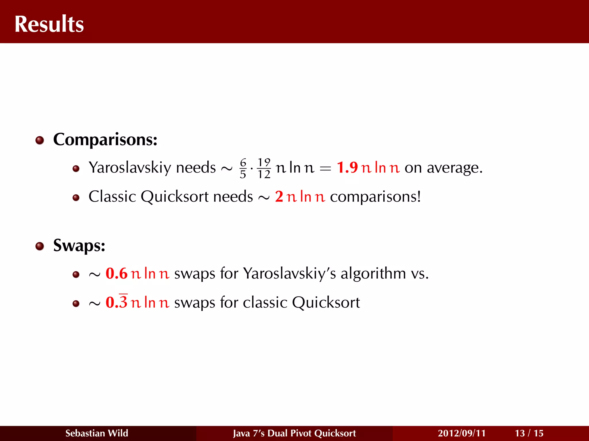 Results



   Comparisons:
                                 6 19
          Yaroslavskiy needs ∼   5 · 12   n ln n = 1.9 n ln n on average.
          Classic Quicksort needs ∼ 2 n ln n comparisons!


   Swaps:
          ∼ 0.6 n ln n swaps for Yaroslavskiy’s algorithm vs.
          ∼ 0.3 n ln n swaps for classic Quicksort




     Sebastian Wild            Java 7’s Dual Pivot Quicksort      2012/09/11   13 / 15
 