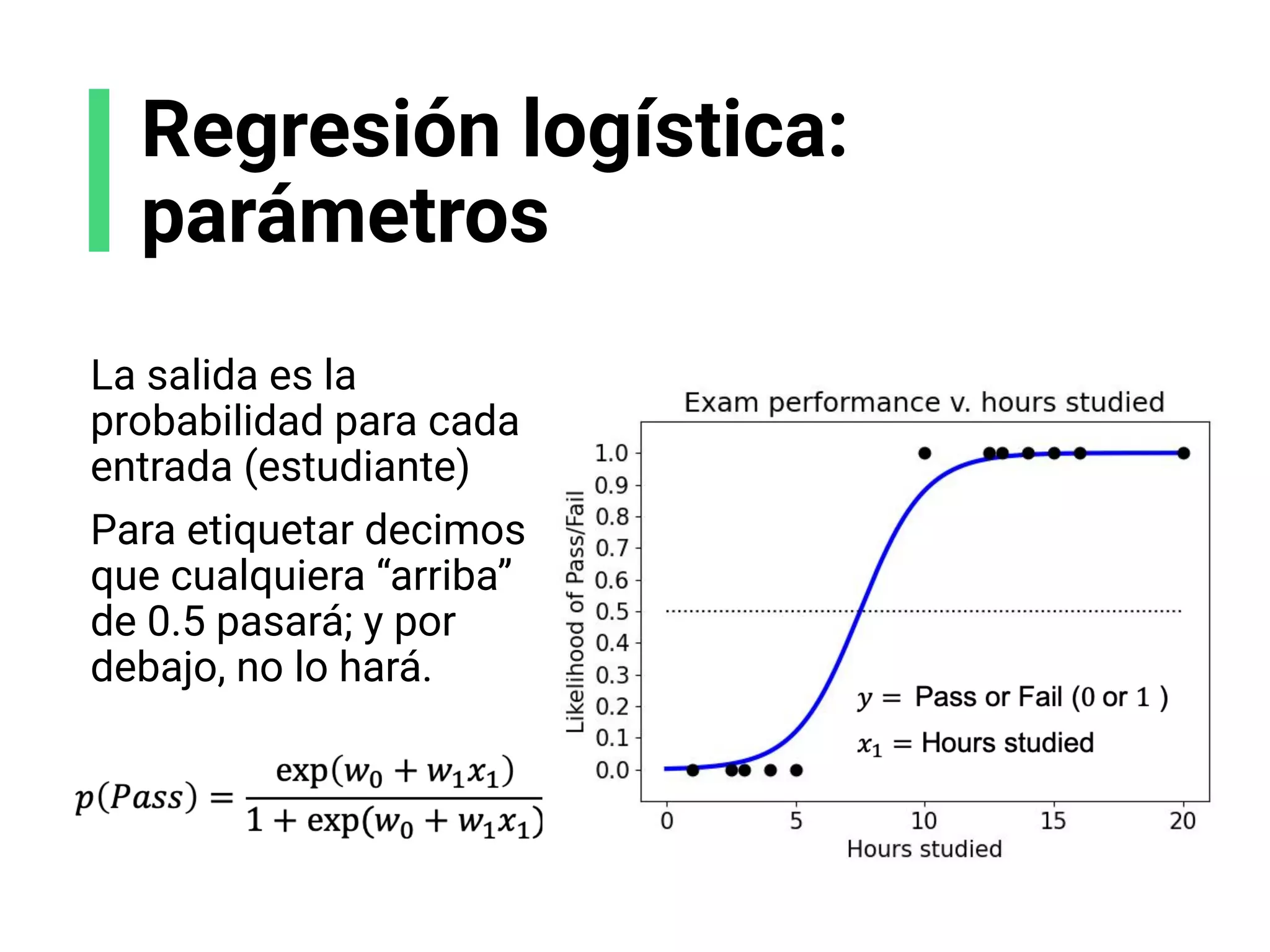 Regresión logística:
parámetros
La salida es la
probabilidad para cada
entrada (estudiante)
Para etiquetar decimos
que cualquiera “arriba”
de 0.5 pasará; y por
debajo, no lo hará.
 