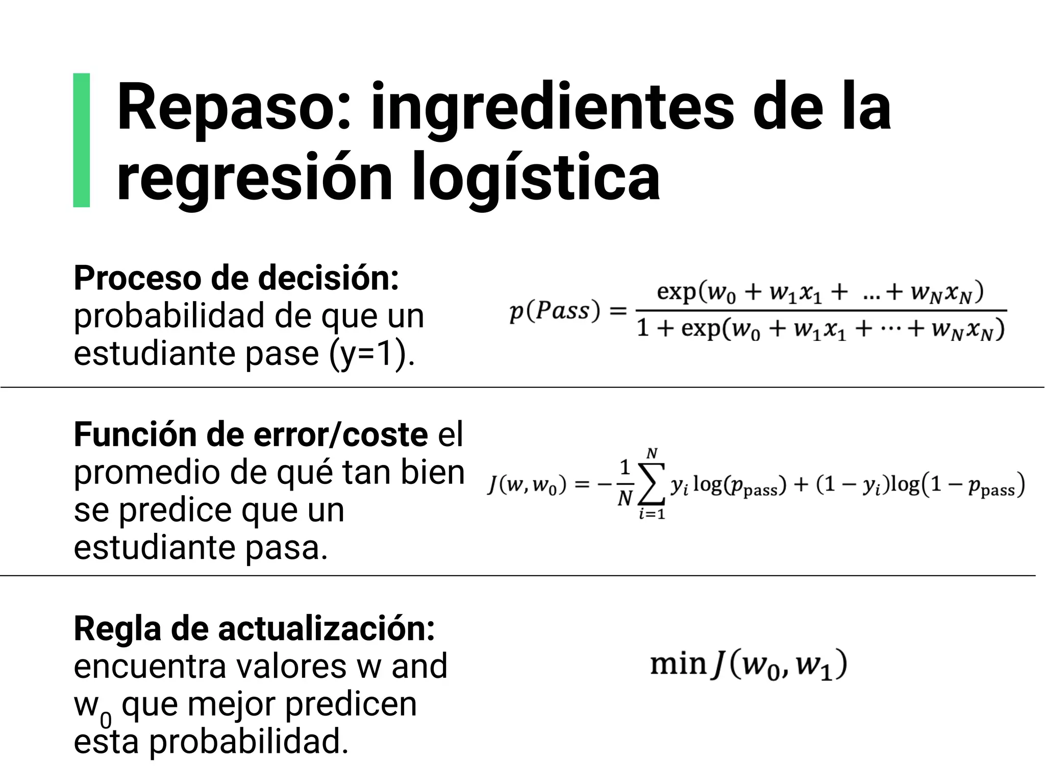 Repaso: ingredientes de la
regresión logística
Proceso de decisión:
probabilidad de que un
estudiante pase (y=1).
Función de error/coste el
promedio de qué tan bien
se predice que un
estudiante pasa.
Regla de actualización:
encuentra valores w and
w0
que mejor predicen
esta probabilidad.
 