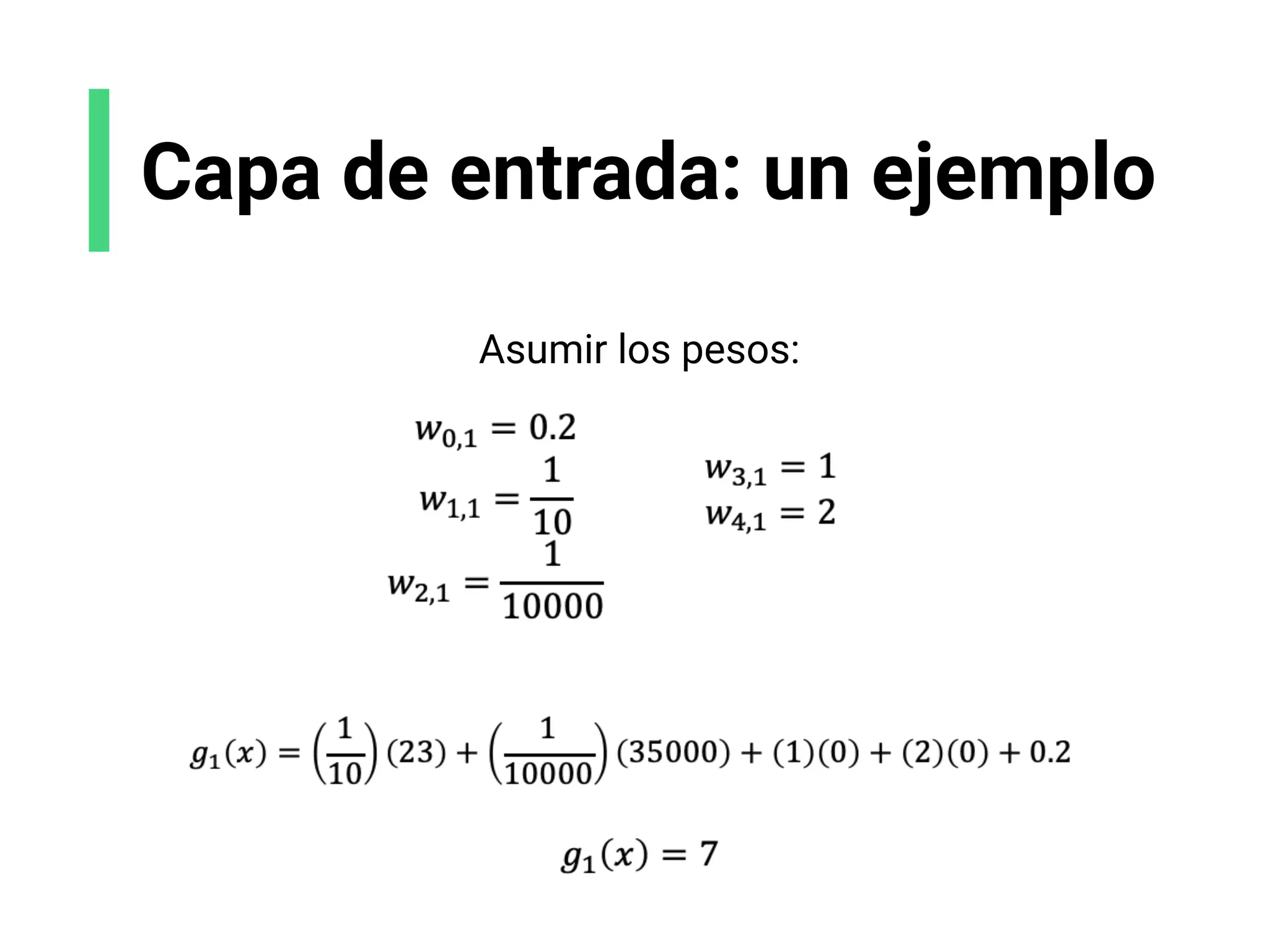 Capa de entrada: un ejemplo
Asumir los pesos:
 