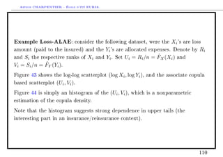 Arthur CHARPENTIER - École d'été EURIA.




Example Loss-ALAE: consider the following dataset, were the Xi 's are loss
amount (paid to the insured) and the       Yi 's are allocated expenses. Denote       by   Ri
and Si the respective    ranks of                                 ˆ
                                    Xi and Yi . Set Ui = Ri /n = FX (Xi ) and
             ˆ
Vi = Si /n = FY (Yi ).
Figure 43 shows the log-log scatterplot     (log Xi , log Yi ),   and the associate copula

based scatterplot   (Ui , Vi ).
Figure 44 is simply an histogram of the      (Ui , Vi ),   which is a nonparametric

estimation of the copula density.

Note that the histogram suggests strong dependence in upper tails (the

interesting part in an insurance/reinsurance context).




                                                                                           110
 