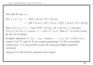 Arthur CHARPENTIER - École d'été EURIA.



Note that for any     u, v ,

P(U ≤ u, V ≤ v) =              P({U ∈ [0, u]} ∩ {V ∈ [0, v]})
                      =        P(U ∈ [0, u]) + P(V ∈ [0, v]) − P({U ∈ [0, u]} ∪ {V ∈ [0, v]})

thus, C(u, v) ≥ u + v − 1 since P({U ∈ [0, u]} ∪ {V ∈ [0, v]}) ≤ 1, and since
C(u, v) ≥ 0, C(u, v) ≥ max{u + v − 1, 0} = C − (u, v). Thus, C − is a lower bound
for the set of copulas.

In higher dimension,    C − (u1 , . . . , ud ) = max{u1 + . . . + ud − (d − 1), 0} is not   a

copula: if   (X, Y ) and (X, Z) are countercomonotonic, (Y, Z) is necessarily
comonotonic - it is not possible to have all component highly negatively

correlated.

Anyway, it is still the best pointwise lower bound.




                                                                                            25
 