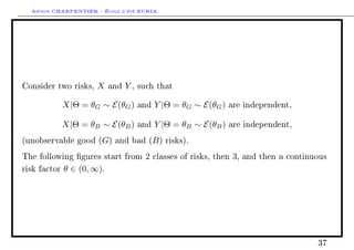 Arthur CHARPENTIER - École d'été EURIA.




Consider two risks,    X    and   Y,   such that


              X|Θ = θG ∼ E(θG )        and   Y |Θ = θG ∼ E(θG )   are independent,


              X|Θ = θB ∼ E(θB )        and   Y |Θ = θB ∼ E(θB )   are independent,

(unobservable good (G) and bad (B ) risks).

The following gures start from          2   classes of risks, then   3,   and then a continuous

risk factor   θ ∈ (0, ∞).




                                                                                             37
 