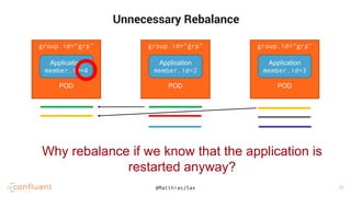 15
15
Unnecessary Rebalance
group.id=“grp”
POD
Application
member.id=4
group.id=“grp”
POD
Application
member.id=2
group.id=“grp”
POD
Application
member.id=3
Why rebalance if we know that the application is
restarted anyway?
@MatthiasJSax 11
 