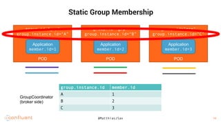 18
18
Static Group Membership
group.id=“grp”
group.instance.id=“A”
POD
Application
member.id=1
group.id=“grp”
group.instance.id=“C”
POD
Application
member.id=3
group.id=“grp”
group.instance.id=“B”
POD
Application
member.id=2
group.instance.id member.id
A 1
B 2
C 3
GroupCoordinator
(broker side)
@MatthiasJSax 14
 