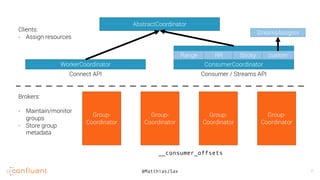 8
Group-
Coordinator
Group-
Coordinator
Group-
Coordinator
Group-
Coordinator
Brokers:
- Maintain/monitor
groups
- Store group
metadata
AbstractCoordinator
WorkerCoordinator ConsumerCoordinator
Connect API Consumer / Streams API
Range RR Sticky custom
StreamsAssignor
Clients:
- Assign resources
__consumer_offsets
@MatthiasJSax 7
 