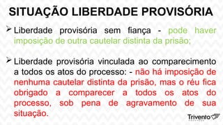 SITUAÇÃO LIBERDADE PROVISÓRIA
 Liberdade provisória sem fiança - pode haver
imposição de outra cautelar distinta da prisão;
 Liberdade provisória vinculada ao comparecimento
a todos os atos do processo: - não há imposição de
nenhuma cautelar distinta da prisão, mas o réu fica
obrigado a comparecer a todos os atos do
processo, sob pena de agravamento de sua
situação.
 