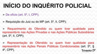 INÍCIO DO INQUÉRITO POLICIAL
➢ De ofício (art. 5º, I, CPP);
➢ Requisição do Juiz ou do MP (art. 5º, II, CPP);
➢ Requerimento do Ofendido ou quem tiver qualidade para
representá-lo nas Ações Privadas e nas Ações Públicas Subsidiárias
(art. 5º, II, CPP);
➢ Representação do Ofendido ou quem tiver qualidade para
representá-lo nas Ações Penais Públicas Condicionadas (art. 5º, §
4º, CPP).
 
