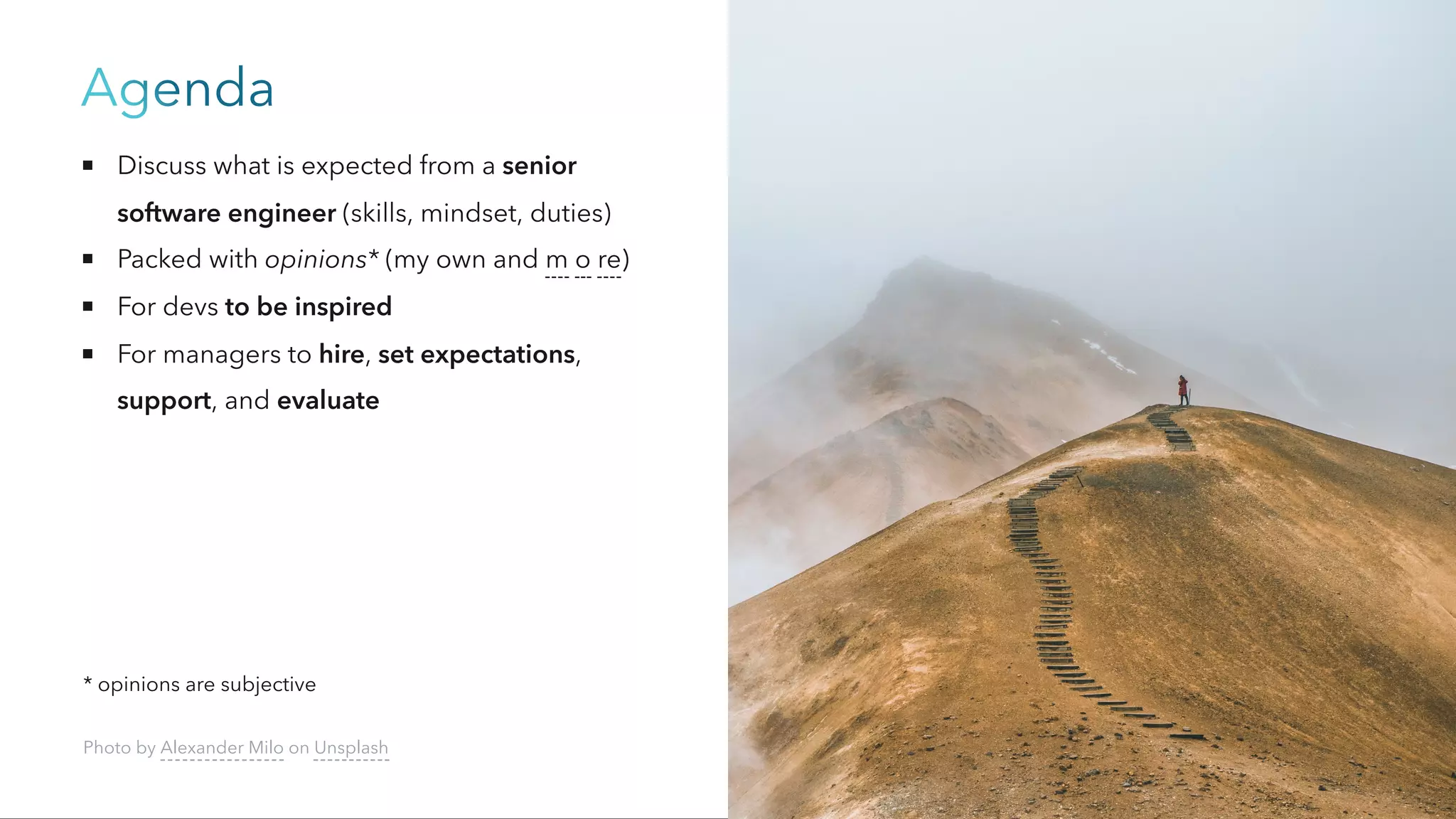 Agenda
Discuss what is expected from a senior
software engineer (skills, mindset, duties)
Packed with opinions* (my own and m o re)
For devs to be inspired
For managers to hire, set expectations,
support, and evaluate
Photo by Alexander Milo on Unsplash
* opinions are subjective
 