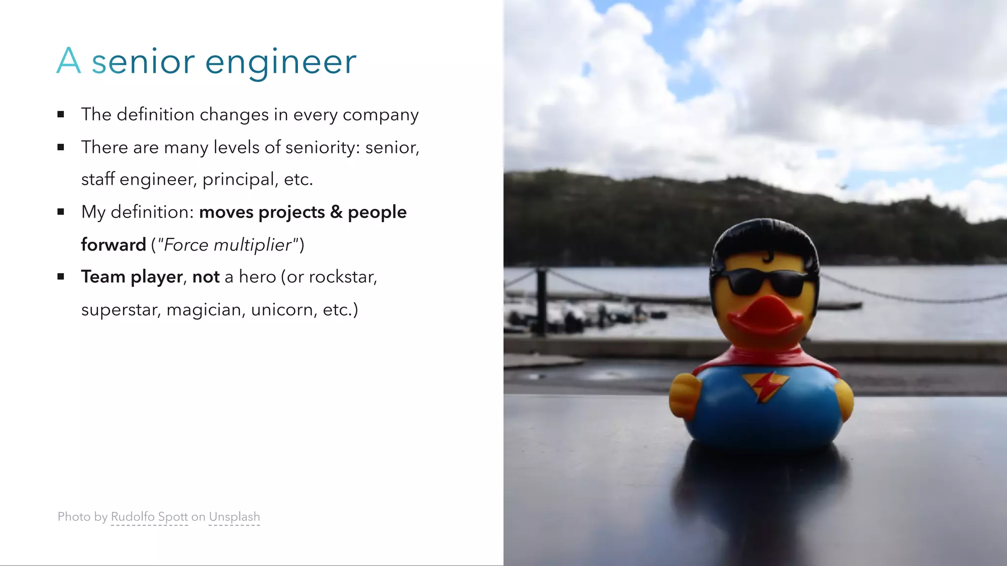 A senior engineer
The definition changes in every company
There are many levels of seniority: senior,
staff engineer, principal, etc.
My definition: moves projects & people
forward ("Force multiplier")
Team player, not a hero (or rockstar,
superstar, magician, unicorn, etc.)
Photo by Rudolfo Spott on Unsplash
 