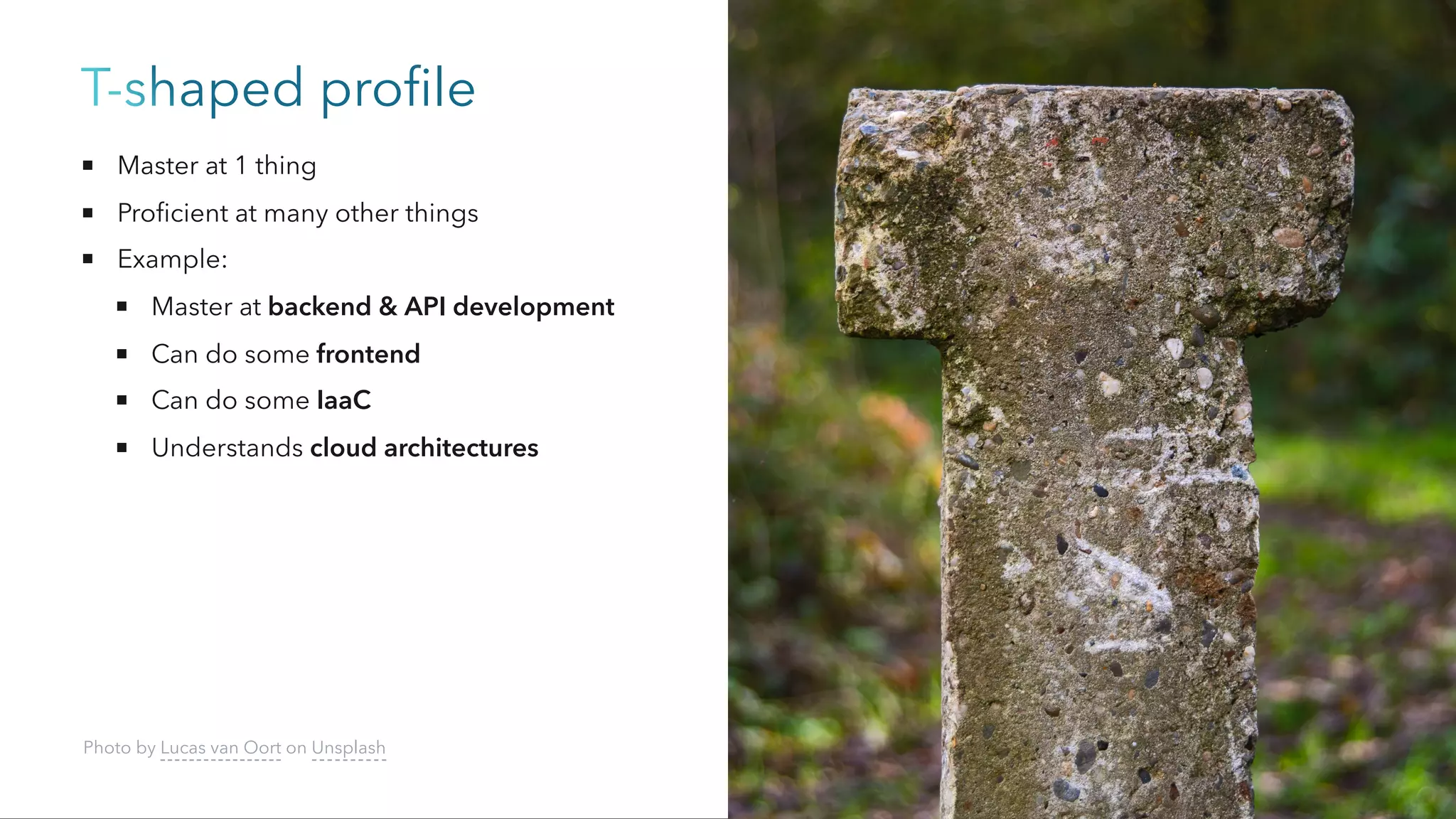 T-shaped profile
Master at 1 thing
Proficient at many other things
Example:
Master at backend & API development
Can do some frontend
Can do some IaaC
Understands cloud architectures
Photo by Lucas van Oort on Unsplash
 