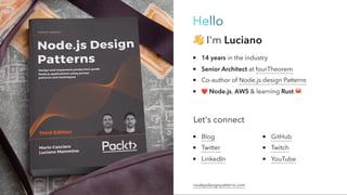Hello
👋I'm Luciano
14 years in the industry
Senior Architect at fourTheorem
Co-author of Node.js design Patterns
❤️
Node.js, AWS & learning Rust 🦀
Let's connect
Blog
Twitter
LinkedIn
GitHub
Twitch
YouTube
nodejsdesignpatterns.com
 