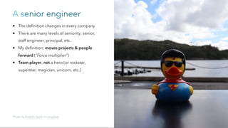 A senior engineer
The definition changes in every company
There are many levels of seniority: senior,
staff engineer, principal, etc.
My definition: moves projects & people
forward ("Force multiplier")
Team player, not a hero (or rockstar,
superstar, magician, unicorn, etc.)
Photo by Rudolfo Spott on Unsplash
 