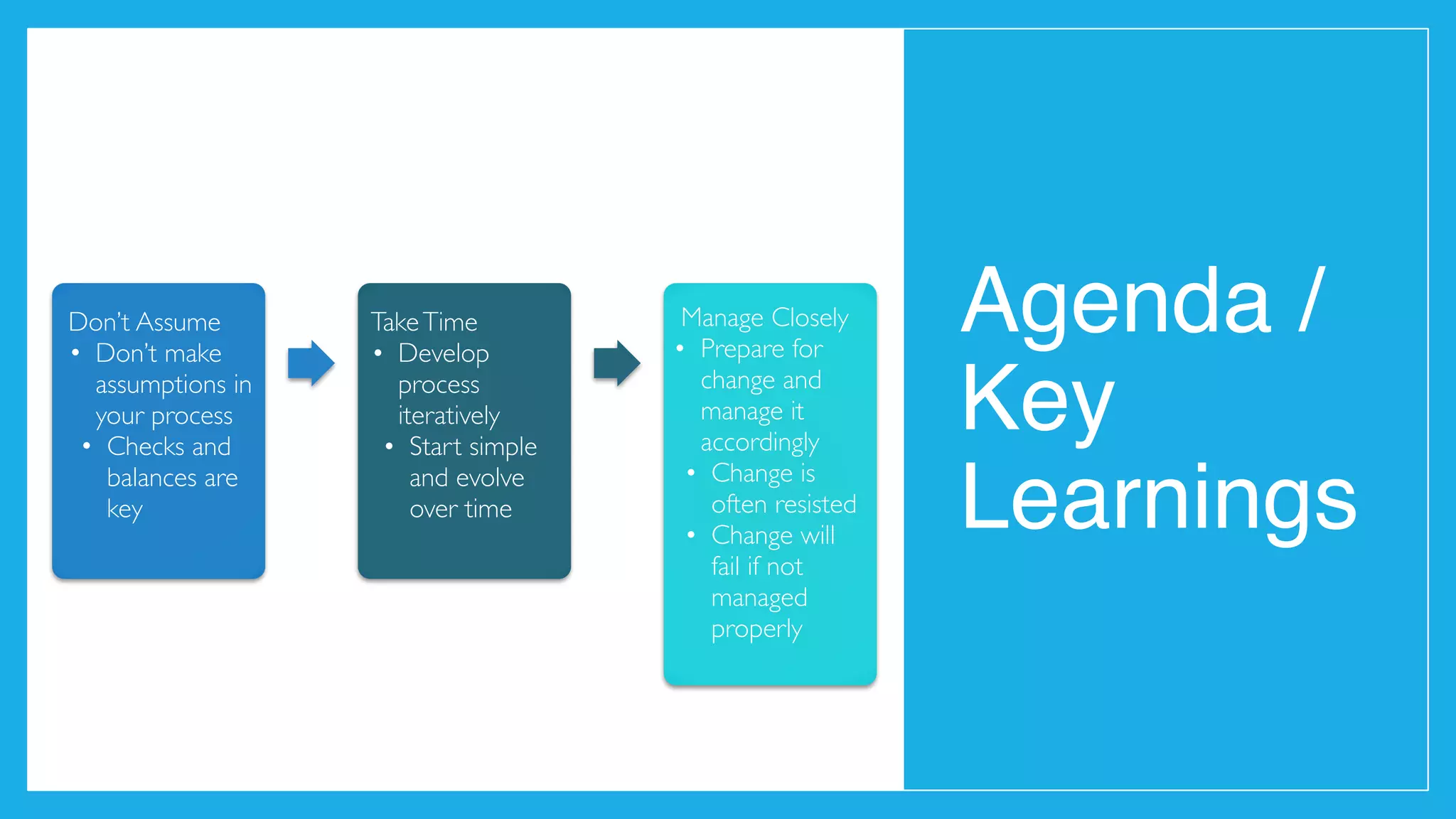Agenda /
Key
Learnings
Don’t Assume
• Don’t make
assumptions in
your process
• Checks and
balances are
key
TakeTime
• Develop
process
iteratively
• Start simple
and evolve
over time
Manage Closely
• Prepare for
change and
manage it
accordingly
• Change is
often resisted
• Change will
fail if not
managed
properly
 