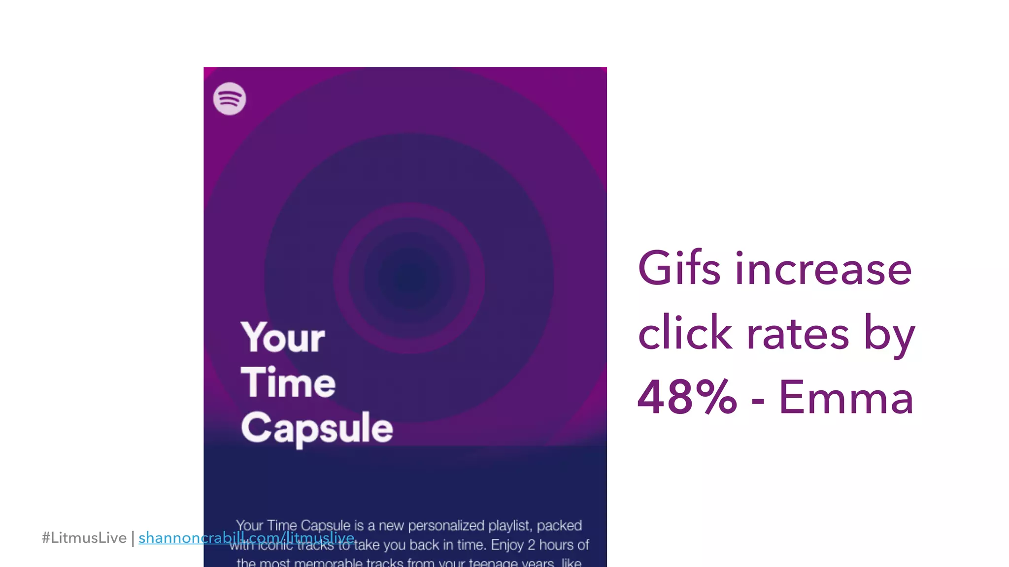 Gifs increase
click rates by
48% - Emma
#LitmusLive | shannoncrabill.com/litmuslive
 