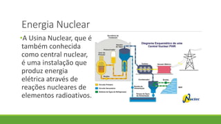 Energia Nuclear
•A Usina Nuclear, que é
também conhecida
como central nuclear,
é uma instalação que
produz energia
elétrica através de
reações nucleares de
elementos radioativos.
 