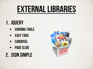 External libraries
1.  Jquery
§  Chroma Table
§  Easy Tabs
§  Carousel
§  Page Slide
2.  JSON Simple
 