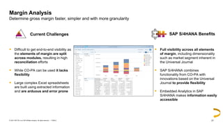 21
PUBLIC
© 2021 SAP SE or an SAP affiliate company. All rights reserved. ǀ
Margin Analysis
Determine gross margin faster, simpler and with more granularity
▪ Full visibility across all elements
of margin, including dimensionality
such as market segment inherent in
the Universal Journal
▪ SAP S/4HANA combines
functionality from CO-PA with
innovations based on the Universal
Journal to provide flexibility
▪ Embedded Analytics in SAP
S/4HANA makes information easily
accessible
Current Challenges
▪ Difficult to get end-to-end visibility as
the elements of margin are split
across modules, resulting in high
reconciliation efforts
▪ While CO-PA can be used it lacks
flexibility
▪ Large complex Excel spreadsheets
are built using extracted information
and are arduous and error prone
SAP S/4HANA Benefits
 