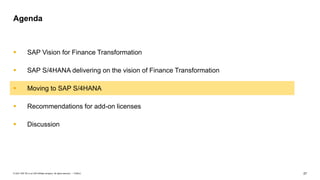 27
PUBLIC
© 2021 SAP SE or an SAP affiliate company. All rights reserved. ǀ
▪ SAP Vision for Finance Transformation
▪ SAP S/4HANA delivering on the vision of Finance Transformation
▪ Moving to SAP S/4HANA
▪ Recommendations for add-on licenses
▪ Discussion
Agenda
 