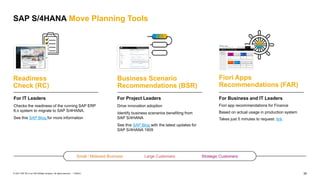 30
PUBLIC
© 2021 SAP SE or an SAP affiliate company. All rights reserved. ǀ
SAP S/4HANA Move Planning Tools
Business Scenario
Recommendations (BSR)
Readiness
Check (RC)
Fiori Apps
Recommendations (FAR)
For Business and IT Leaders
Fiori app recommendations for Finance
Based on actual usage in production system
Takes just 5 minutes to request: link
For Project Leaders
Drive innovation adoption
Identify business scenarios benefiting from
SAP S/4HANA
See this SAP Blog with the latest updates for
SAP S/4HANA 1909
For IT Leaders
Checks the readiness of the running SAP ERP
6.x system to migrate to SAP S/4HANA.
See this SAP Blog for more information
Small / Midsized Business Large Customers Strategic Customers
 