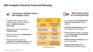 34
PUBLIC
© 2021 SAP SE or an SAP affiliate company. All rights reserved. ǀ
▪ Traditional planning tools require
multiple extract, transform and load
steps – inefficient and time
consuming
▪ Master data must be maintained in
multiple places
▪ Allocation logic has to be duplicated for
actuals and plans
▪ Roles and security have to be
maintained in multiple systems – and
kept synchronised to avoid breaches
SAP Analytics Cloud for Financial Planning
Converting to S/4HANA without
SAP Analytics Cloud
SAP Analytics Cloud
for Financial Planning
▪ Live analytics means data does not
have to be transferred between
systems
▪ Out-of-the-box templates for Real-
time analysis of plan vs actual
▪ Multiple iterations of plan and budget
can be stored in the Cloud without
impact on the ERP
▪ Flexible private versioning by user
prior to submission
▪ Shared master data between
S/4HANA and the FP&A process
Analytical
Reports
Planning
Content
SAC/DBR
dashboards
Financial statement
planning & capex
planning
KPI and financial
statement reports
Sales and
Profitability
Planning
Trend reports
Product cost
simulation
Variance reports
(Actual vs. Plan,
YOY)
Cost and Activity
Planning
Reconciliation
Headcount &
Employee-related
Expense Planning
Local & Global Currency
 