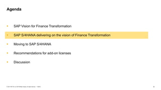 6
PUBLIC
© 2021 SAP SE or an SAP affiliate company. All rights reserved. ǀ
▪ SAP Vision for Finance Transformation
▪ SAP S/4HANA delivering on the vision of Finance Transformation
▪ Moving to SAP S/4HANA
▪ Recommendations for add-on licenses
▪ Discussion
Agenda
 